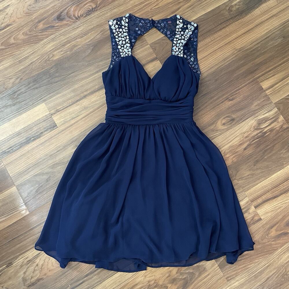 B. Smart Formal Cocktail Dress Size 7 - Dark Blue Prom Gown Beaded Rhinestones